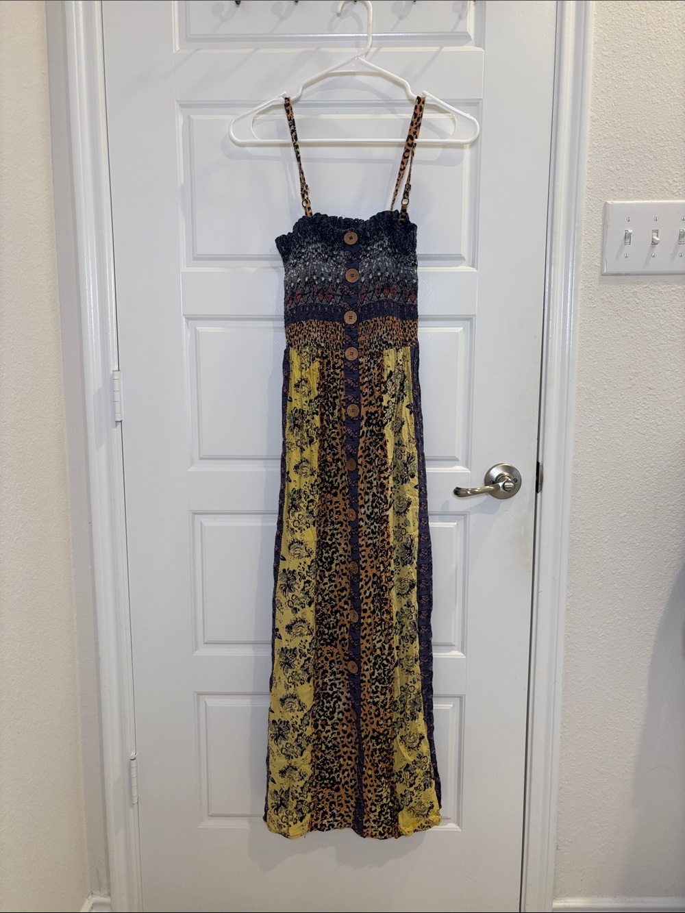 Angie Boho Patchwork Leopard Print Smocked Maxi Dress Small